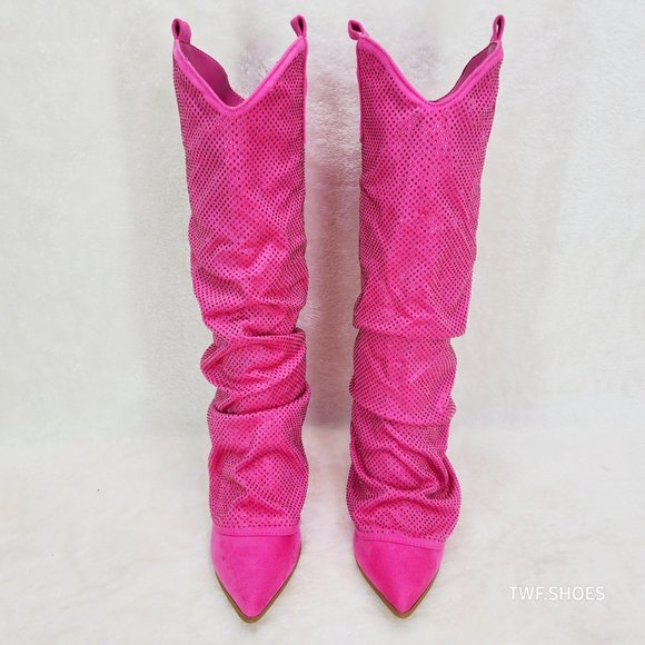 Country Twist Fuchsia Draped Rhinestone Fold Over Western Cowgirl Boots - Picture 8 of 13
